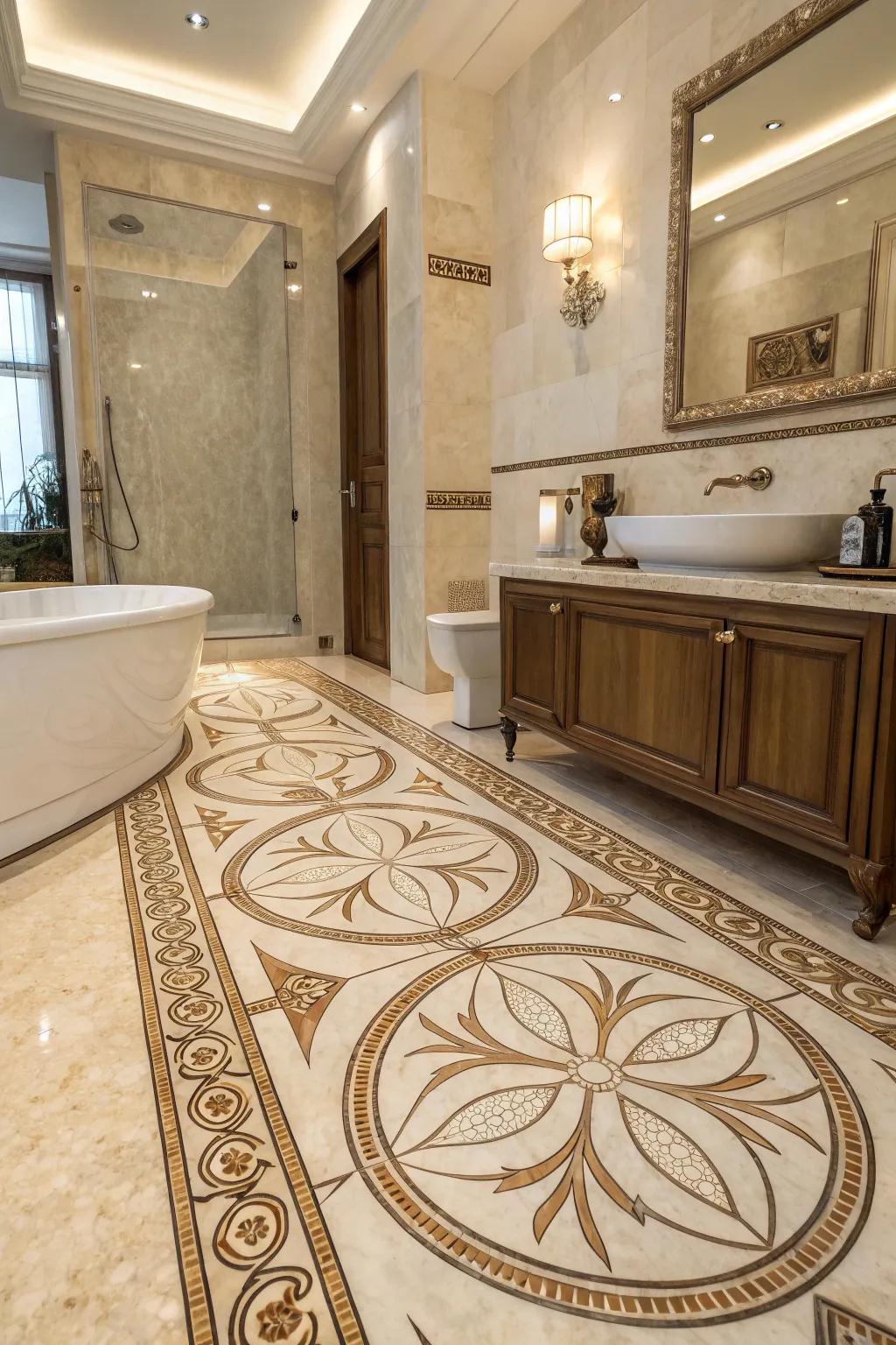 Complex ground patterns using crema marfil craft a distinctive sense of elegance.