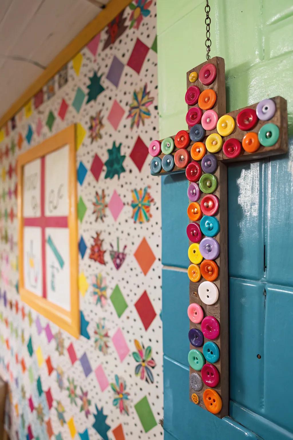 Playful cross made from vibrant buttons