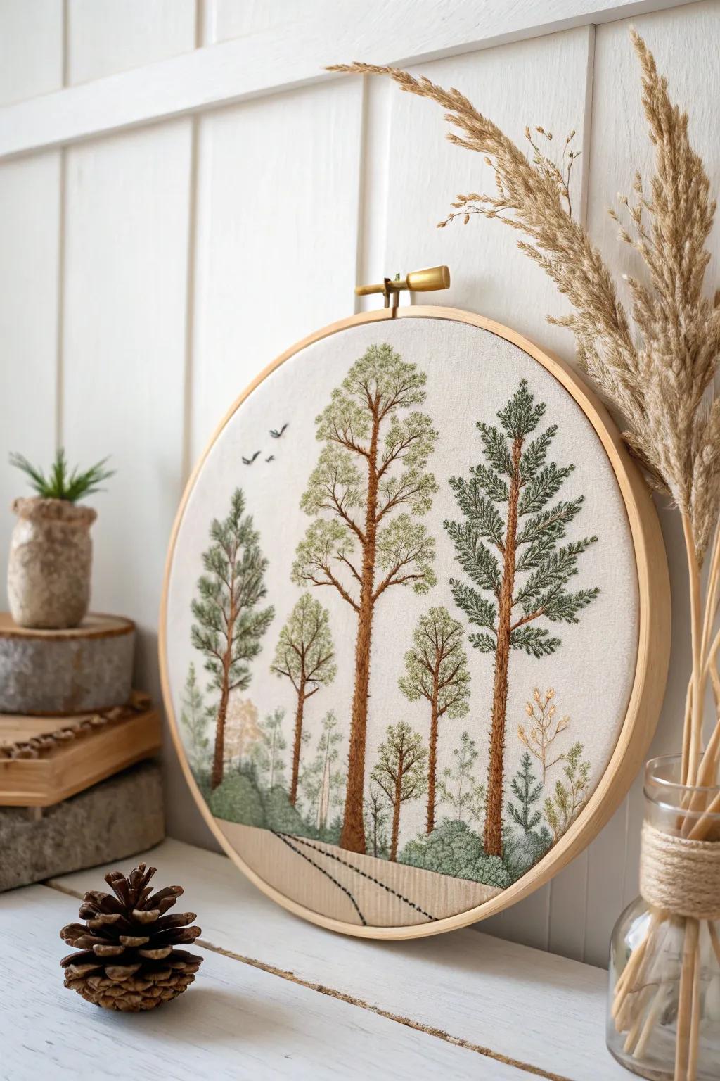 Bring tranquility home with this serene forest cross-stitch artwork.