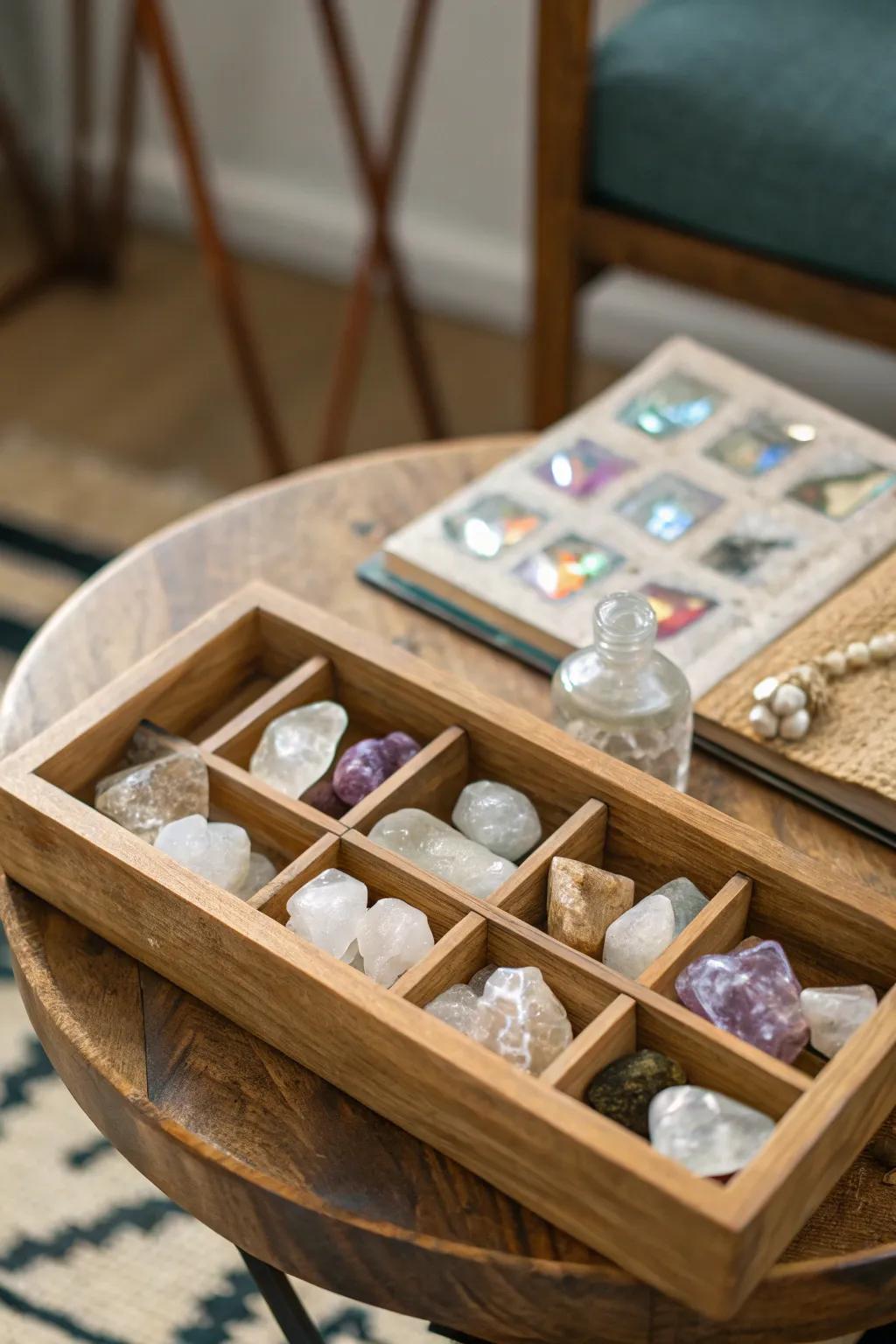 A wooden tray displays a neatly arranged crystal collection.