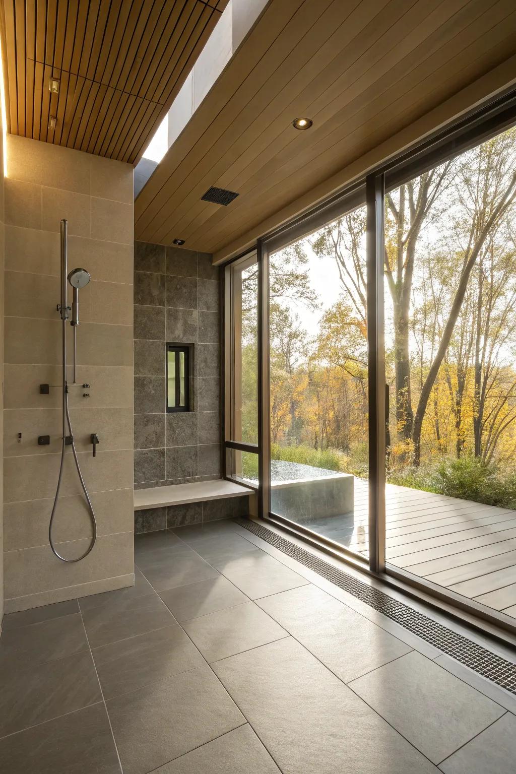 Natural light drenches this curbless shower, creating a lively and airy atmosphere.