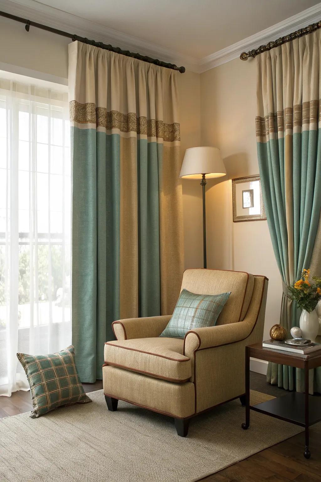 Curtains aid in unifying accessory colors for a harmonious design.