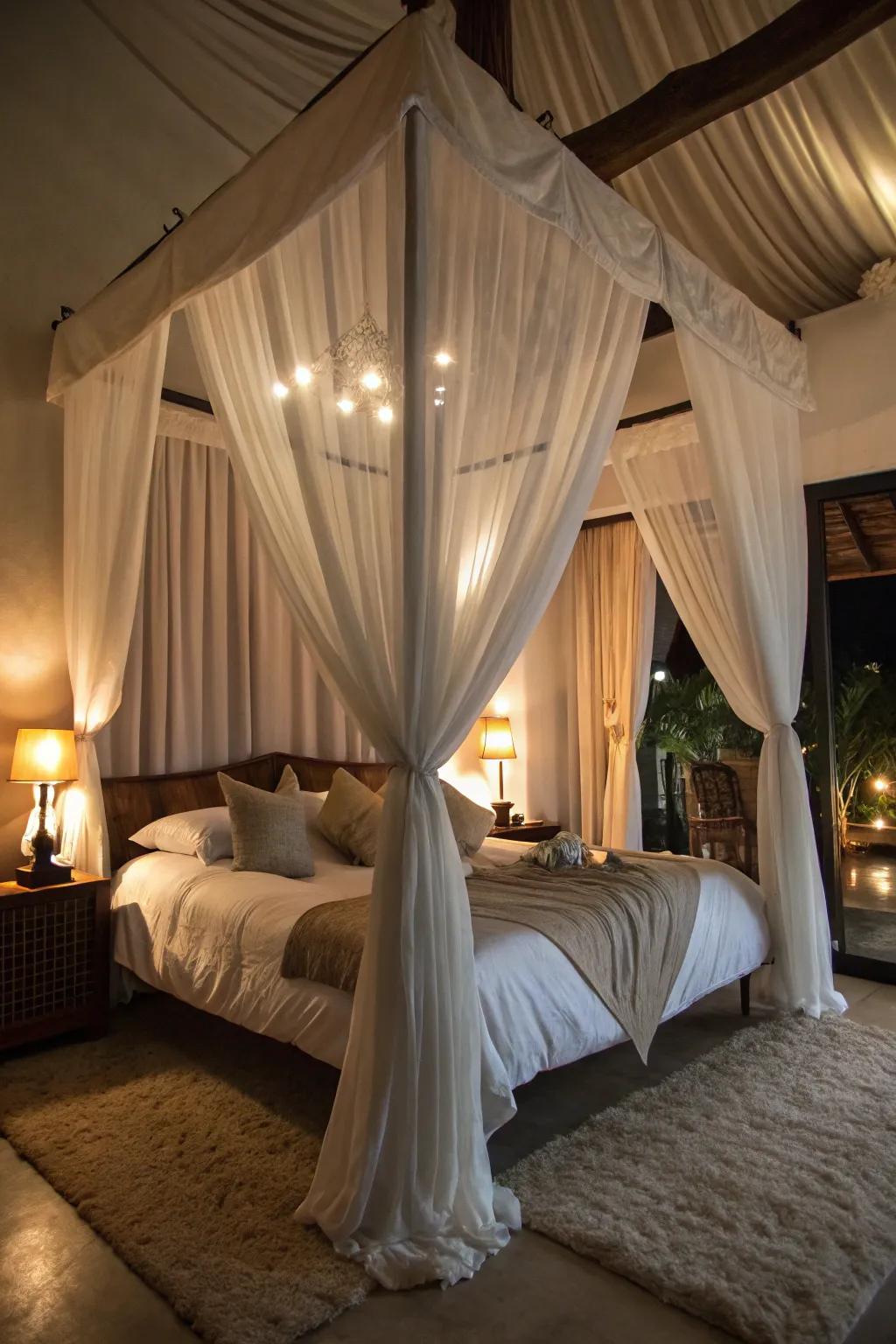 Curtains create a romantic canopy effect in the bedroom.