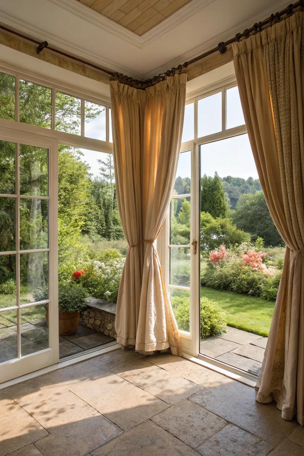 Terrestrial shades in curtains convey warmth and harmony to your sunroom.