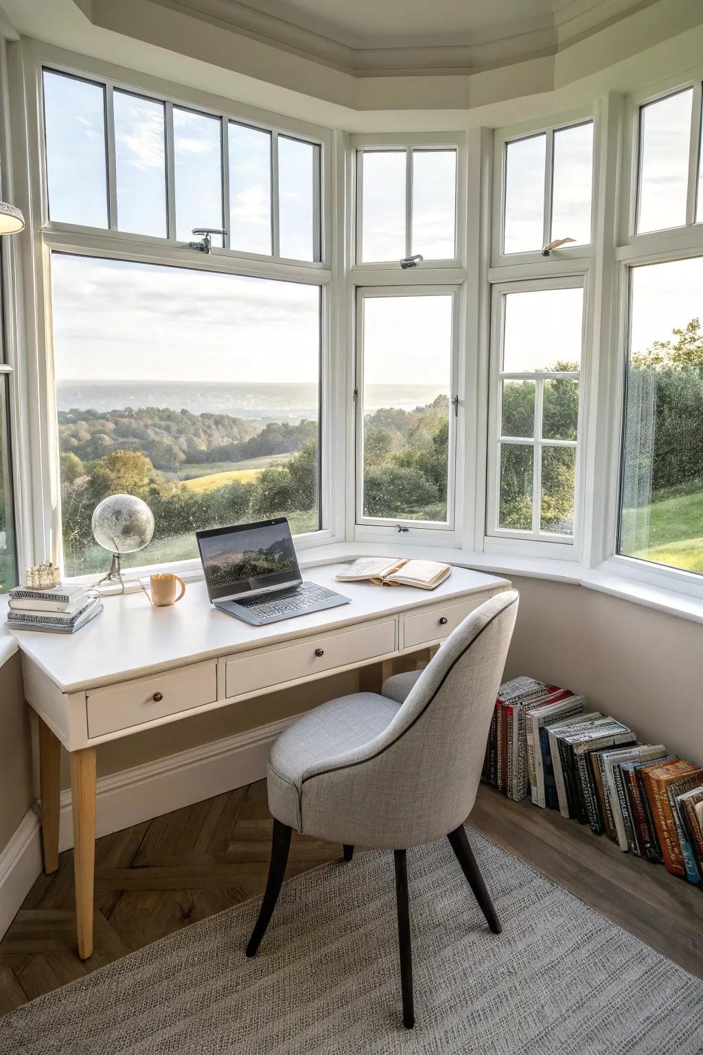 A working area tucked into a curved bay window.