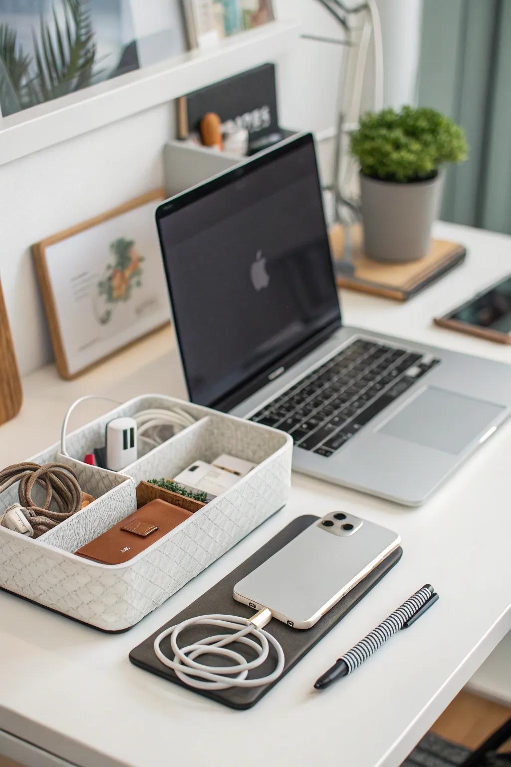 A desk with an organized tech setup and cable management.