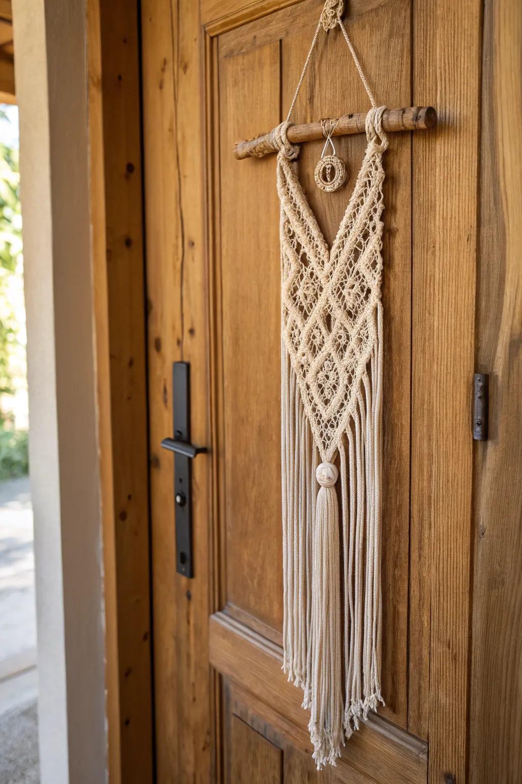 A bohemian fiber art door hanger for a hint of grain and flair.