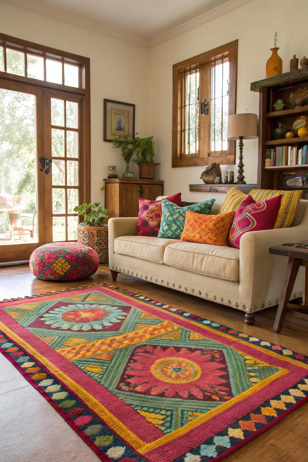Embellishing pieces like colorful floor coverings introduce individuality.
