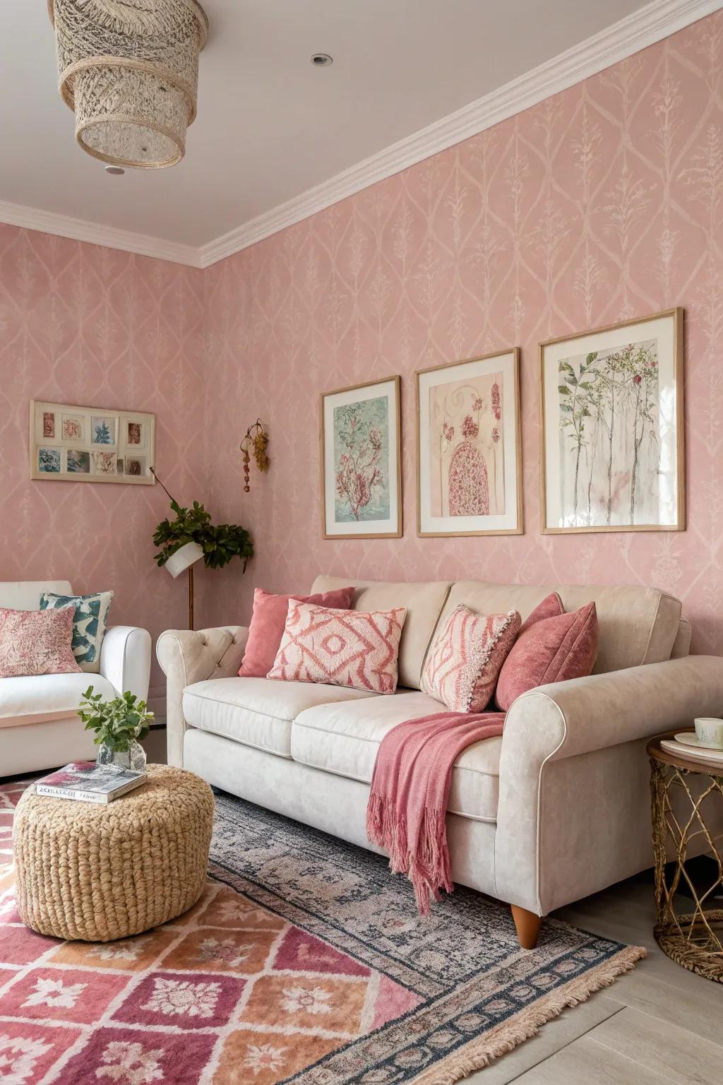 Textured rose wall covering enriches visual curiosity and depth to the walls.