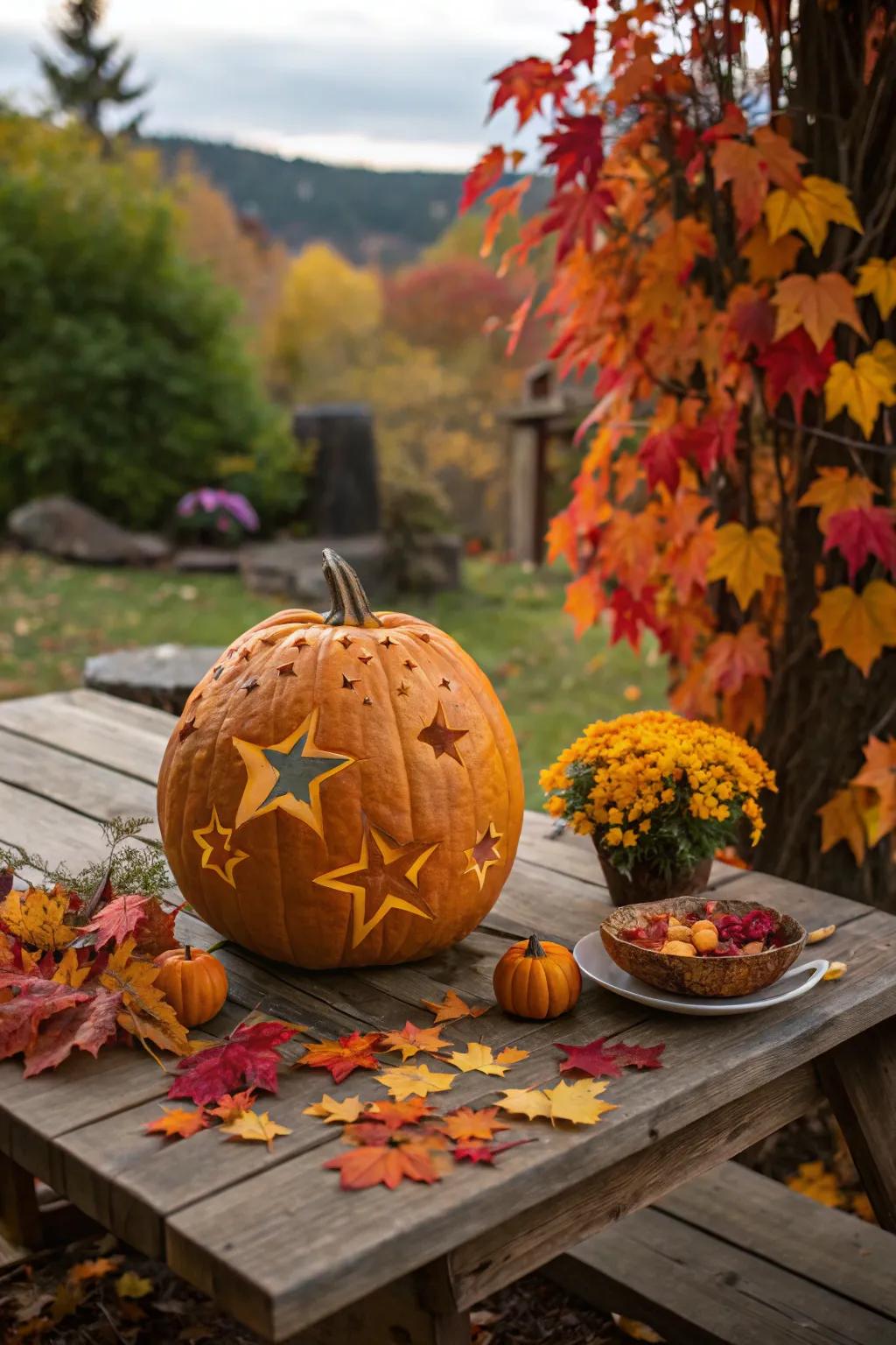 A pumpkin with autumn foliage and celestial body carvings for a seasonal accent.