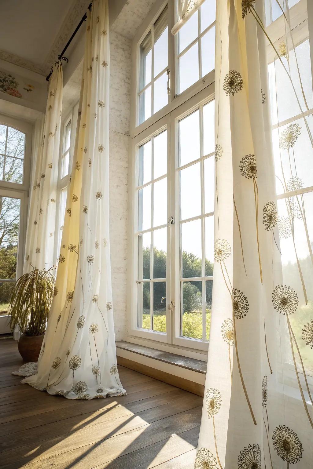 Patterned window coverings bring dandelions to your windows.