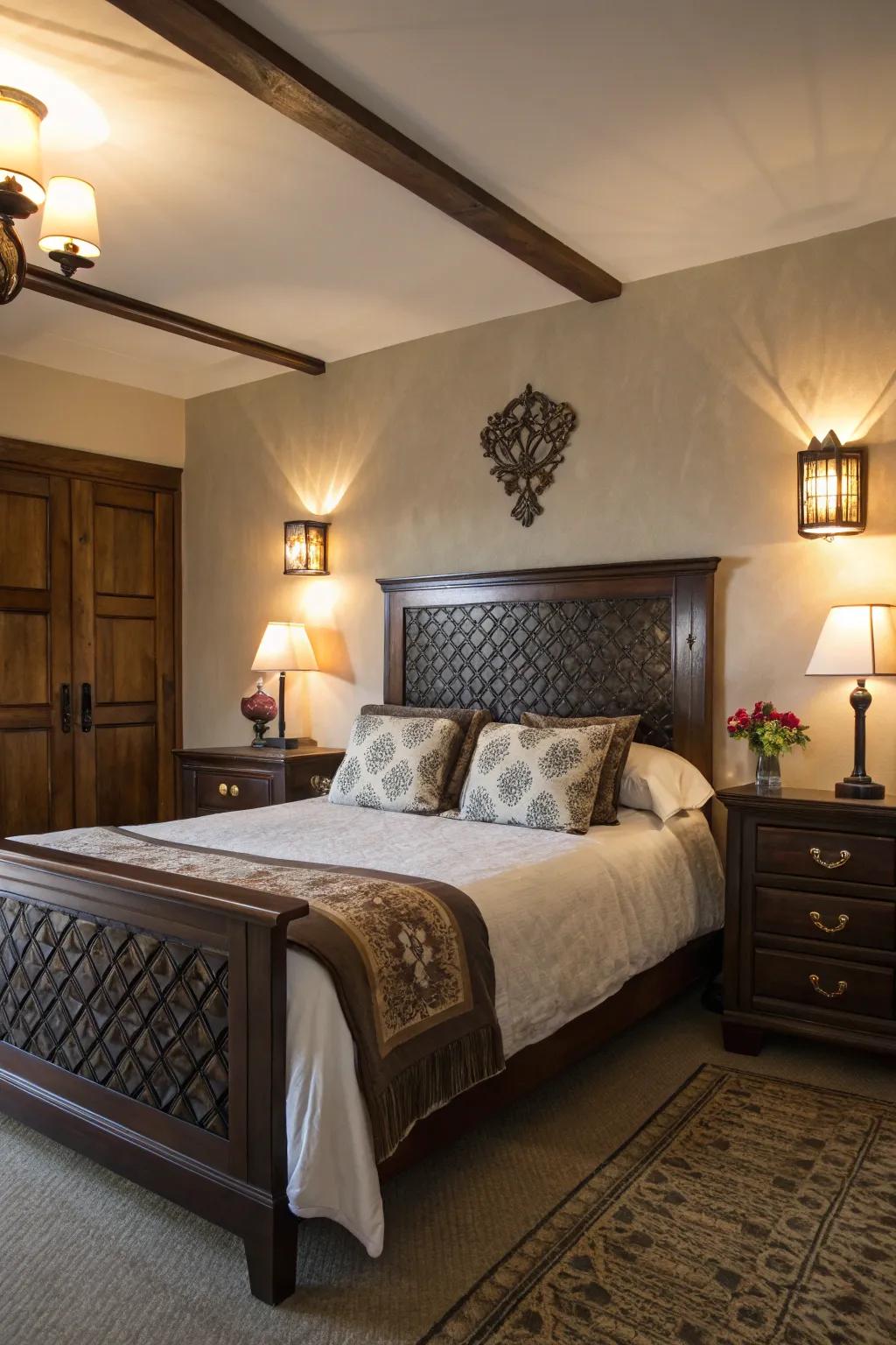 Gentle lighting improves the warmth of deep brown decor.