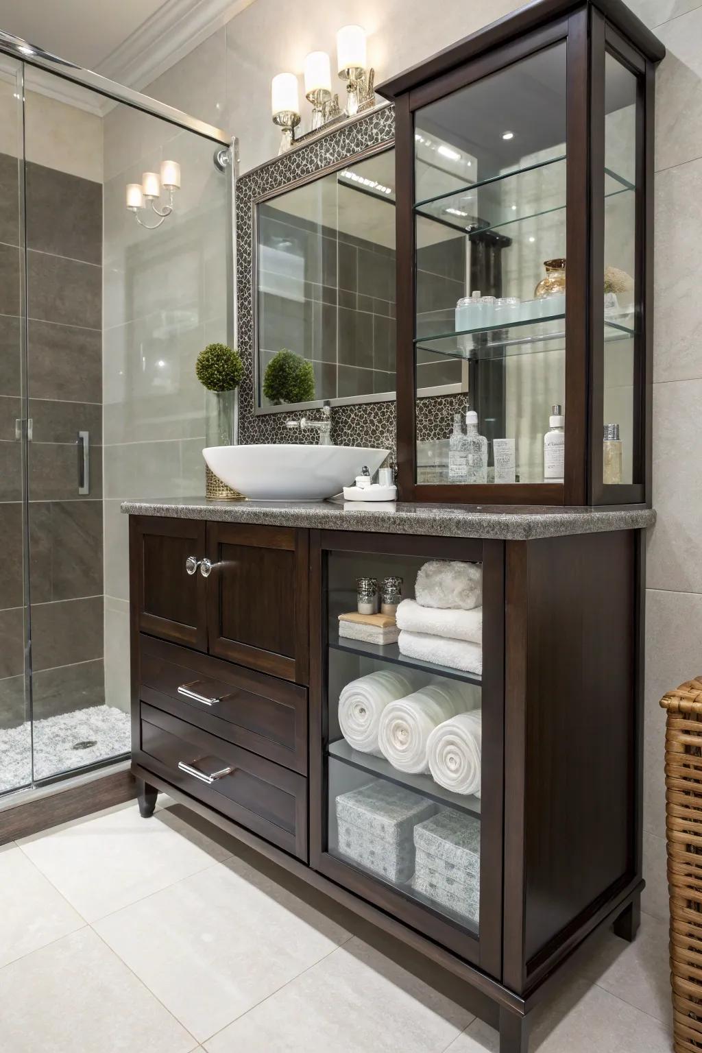 Crystal accents introduce a contemporary note to a dark brown vanity setup.