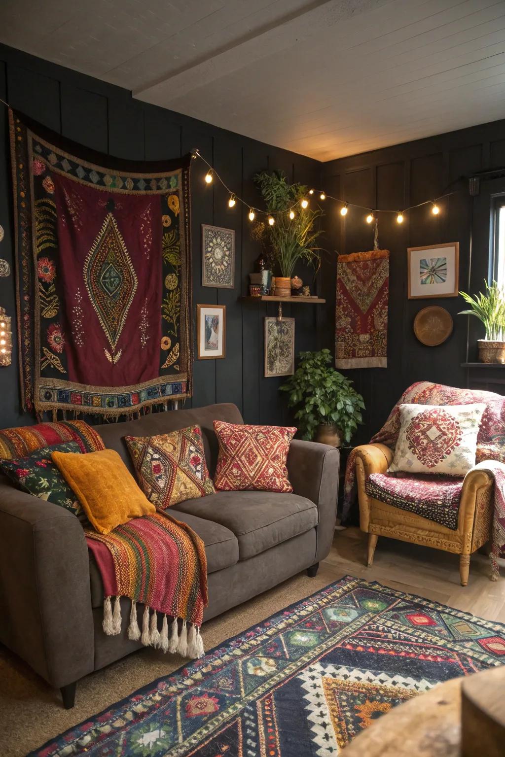 An eclectic, bohemian-themed living room abounding in color and texture.
