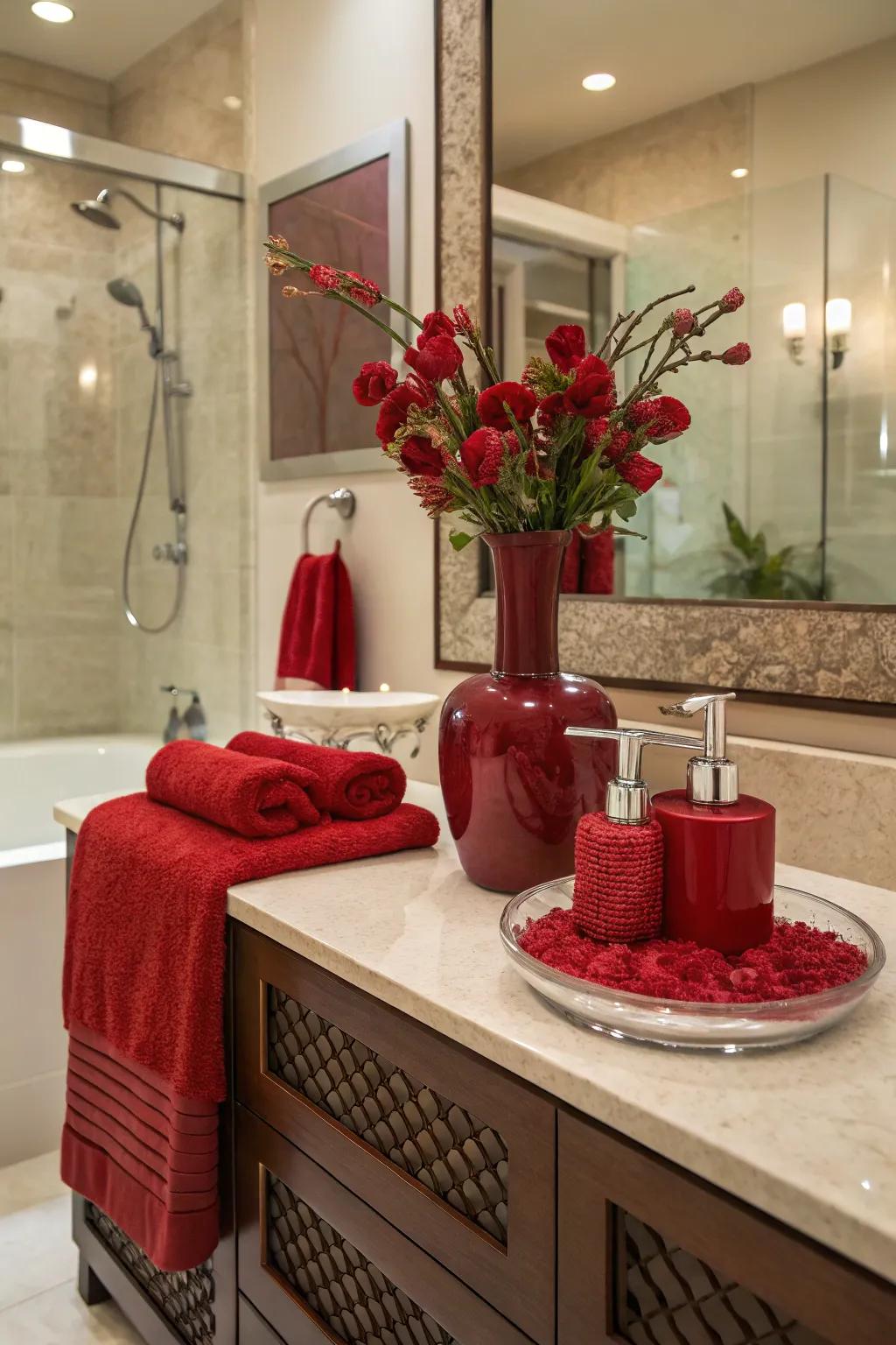 Ornamental crimson embellishments instill cohesion and flair.