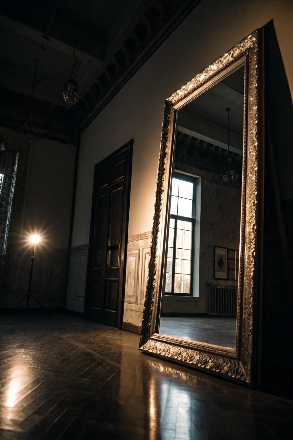 A shaded room enhanced by a large looking glass.