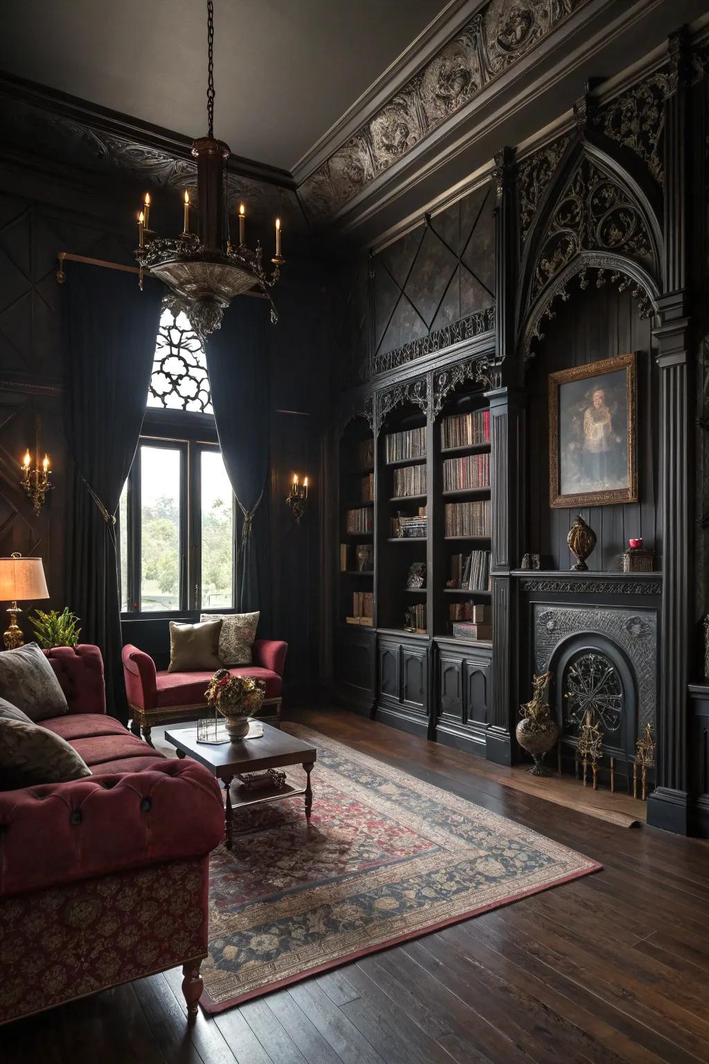 A gothic-inspired living room with <strong>dark wood floors</strong> and antique accents.&rdquo; loading=&rdquo;lazy&rdquo; class=&rdquo;pimg&rdquo;>
	</picture><figcaption>A gothic-inspired living room with <strong>dark wood floors</strong> and antique accents.</figcaption></figure>
<p>If you&rsquo;re feeling daring, choose a gothic aesthetic with deep walls and antique d&eacute;cor. This can result in a brooding and dramatic living space.</p>
<h3>A few relevant products:</h3>
<ul class=