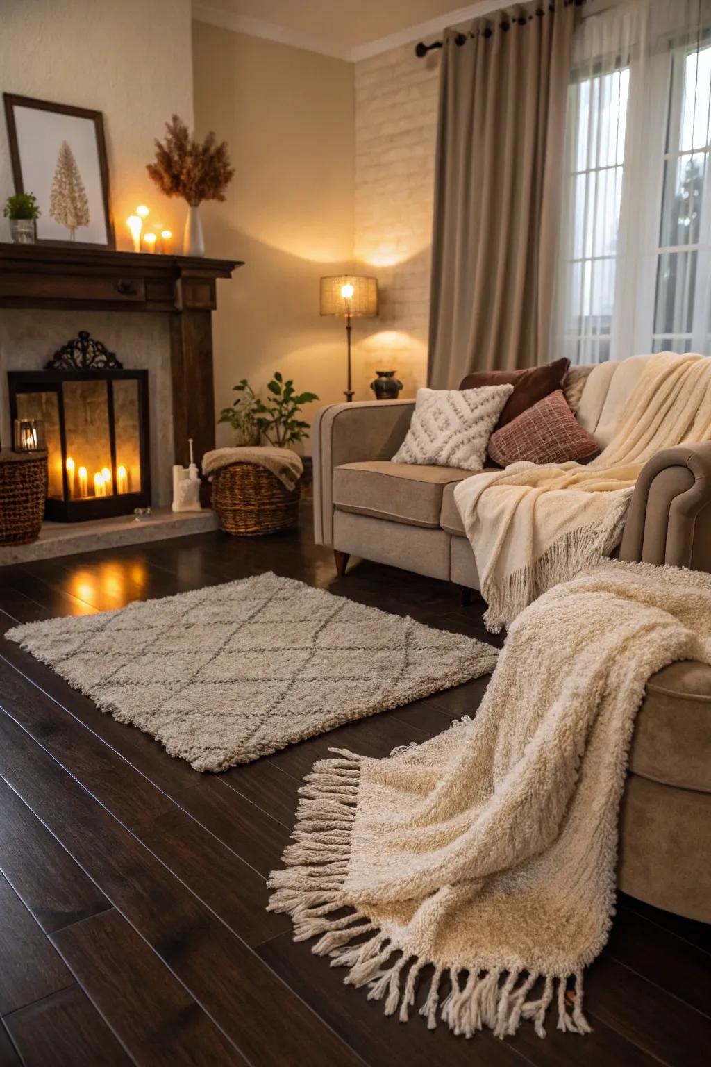 Layered textures bring inviting warmth to rooms featuring dark wood.