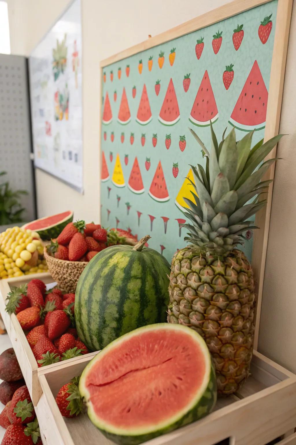 Fruit Festival bulletin board presenting vibrant fruit adornments.