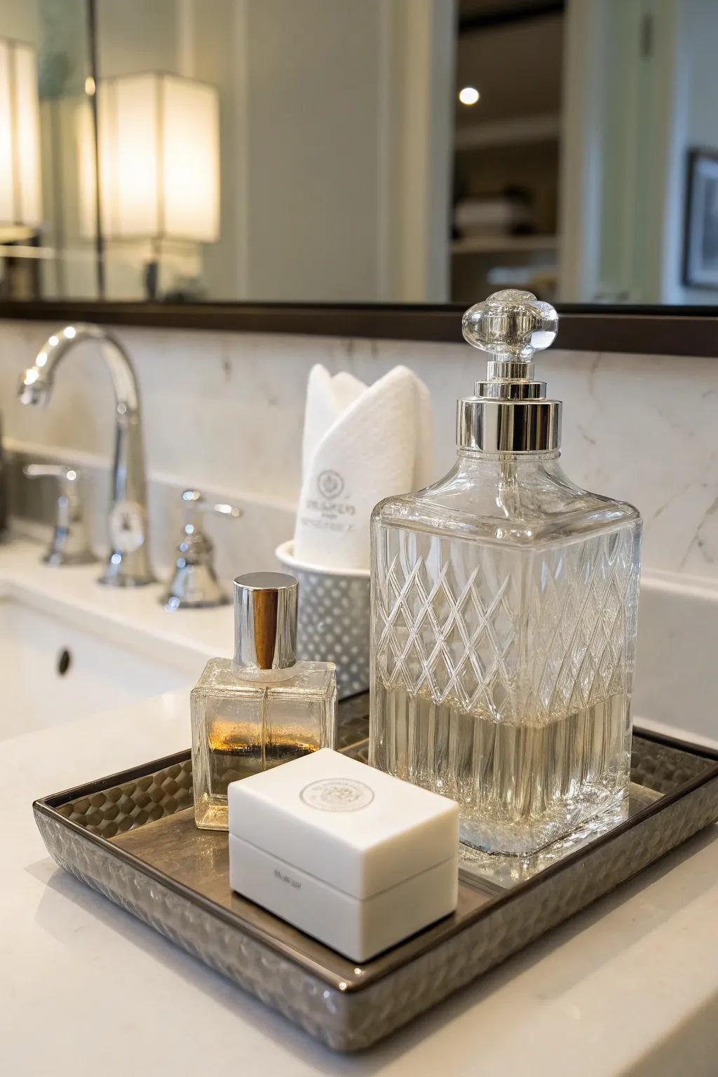 A bathroom countertop showcasing a carafe repurposed as a mouthwash holder.