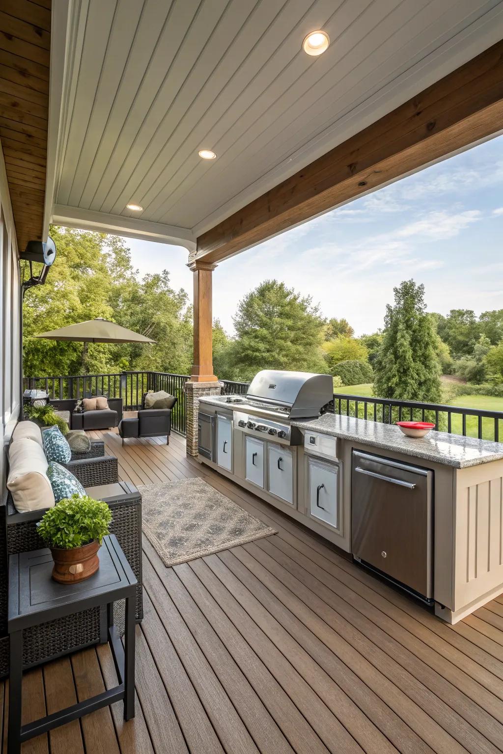 A deck fashioned for open-air cooking and entertaining.