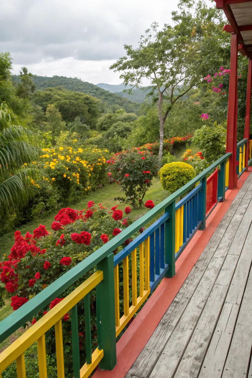 A lively deck featuring boldly colored balustrades, nestled within a vibrant garden.