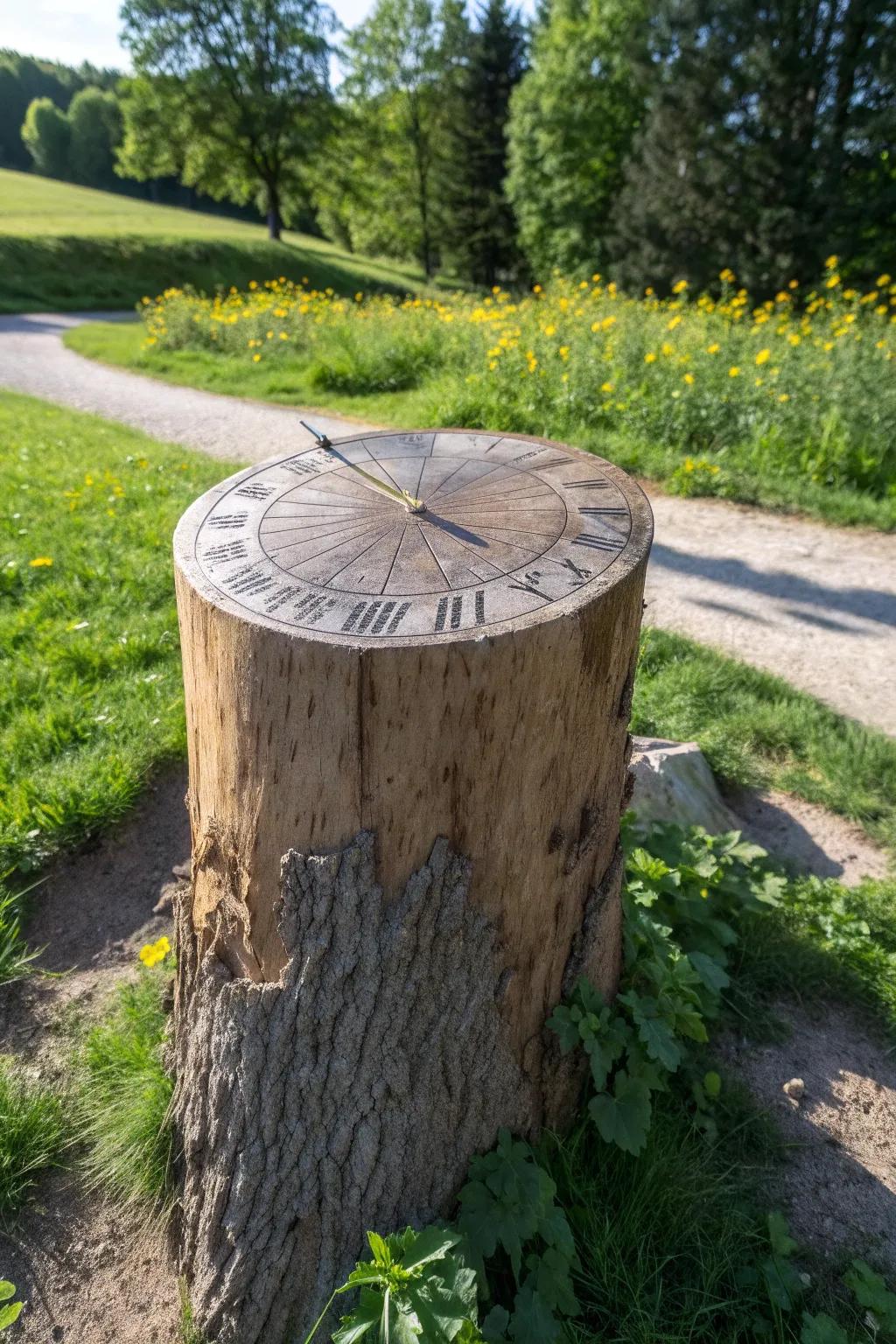 Embrace the art of mindful living with a sundial perched atop a tree stump.