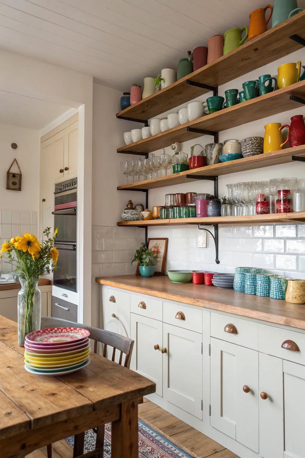 Uncovered shelving showcases items while maintaining spaces light.