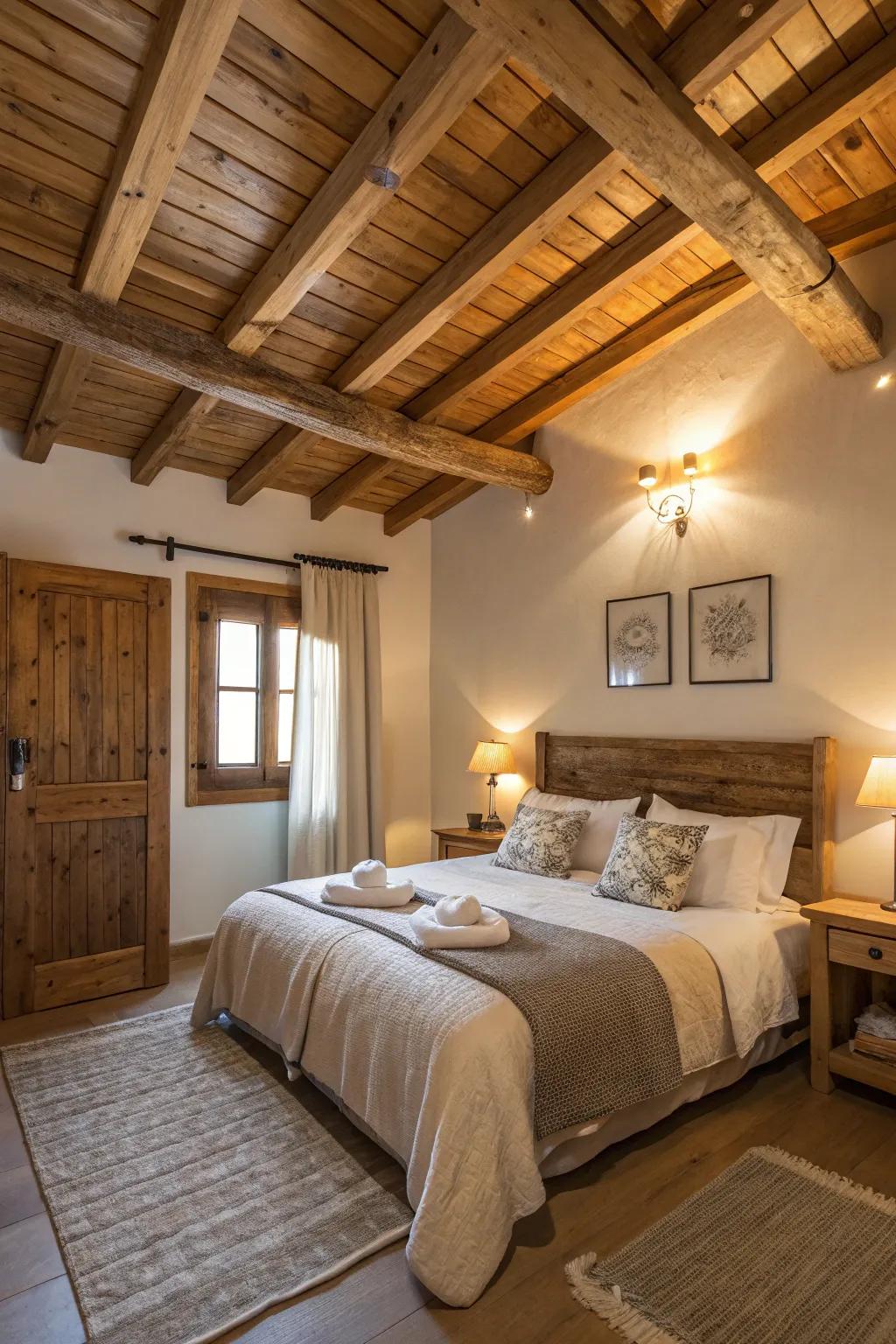 A comfortable and welcoming hideaway is created by bedroom beams.