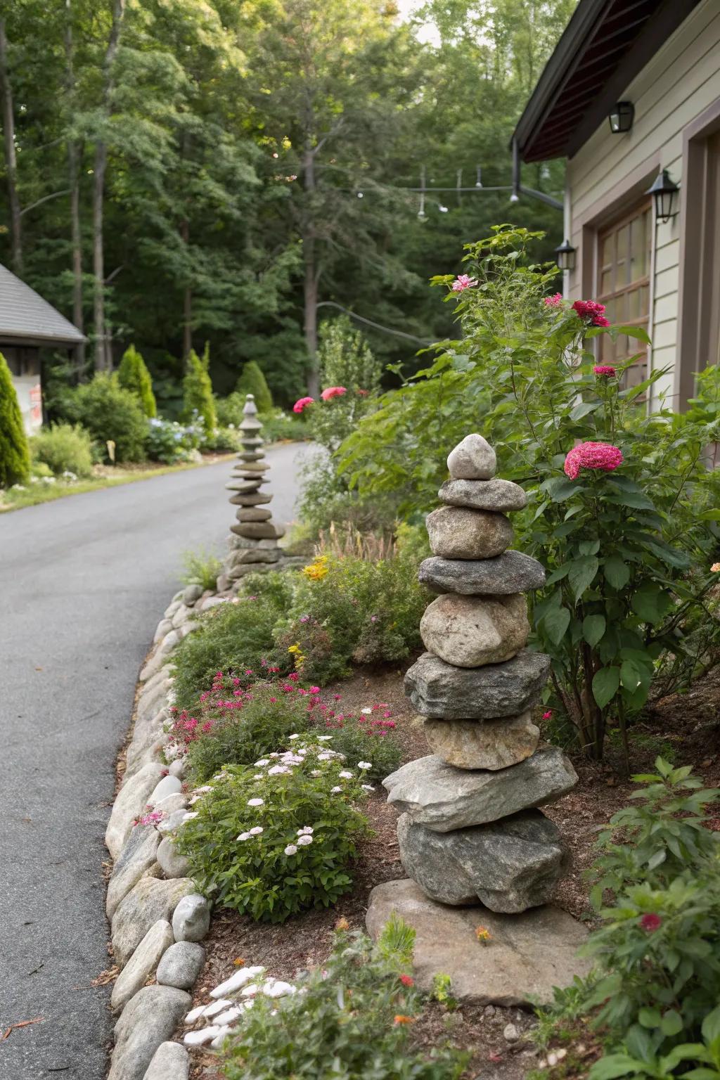 Stony stacks provide a natural and unique driveway marker.