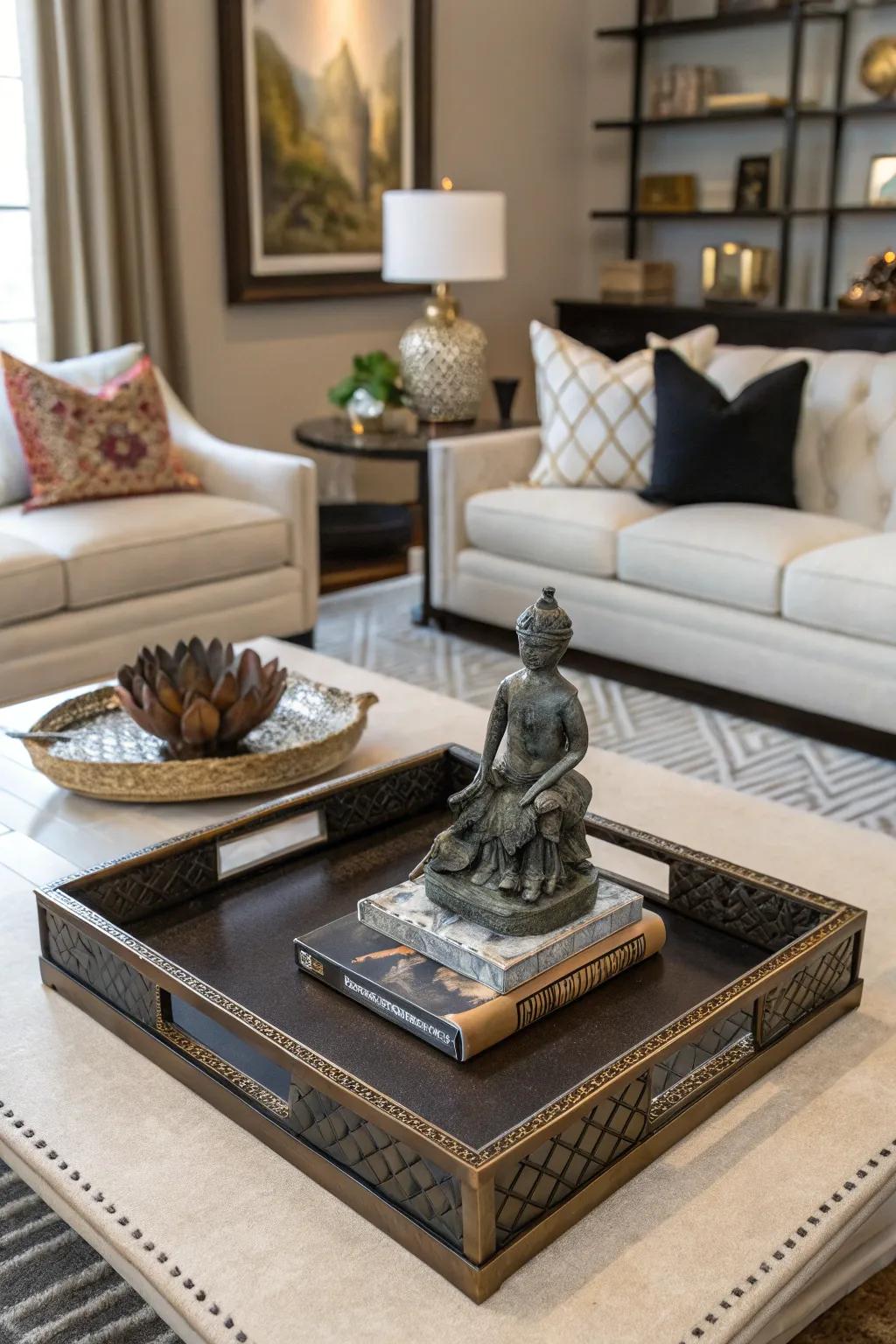 An artistic style with a small figure on a decor platter.