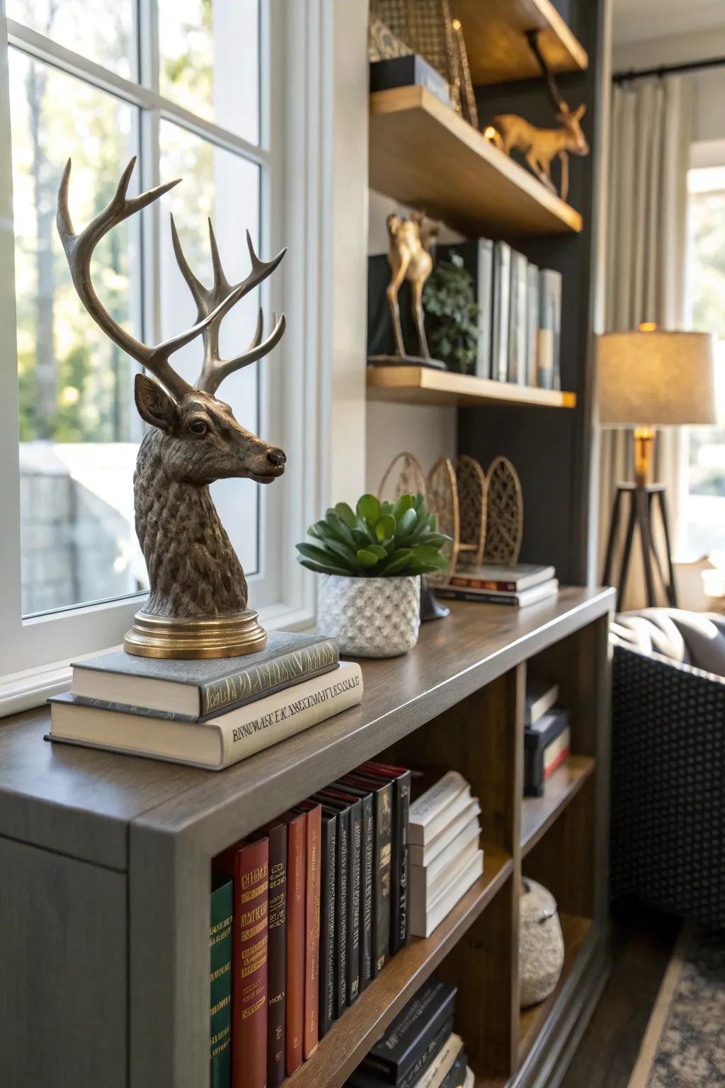 Deer antlers function as stylish supports on a home office shelf.