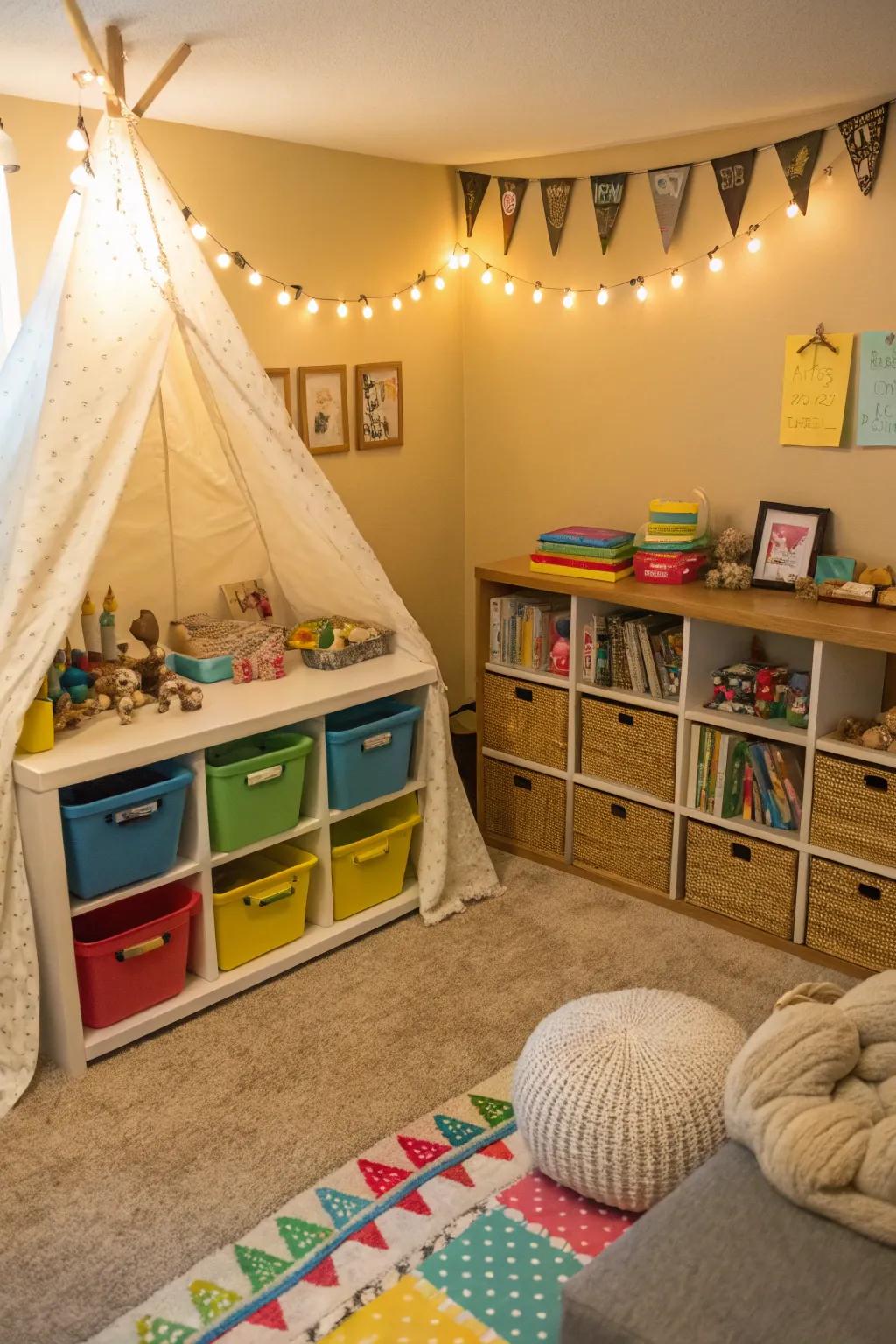 A family-oriented den featuring assigned play sections intended for children.