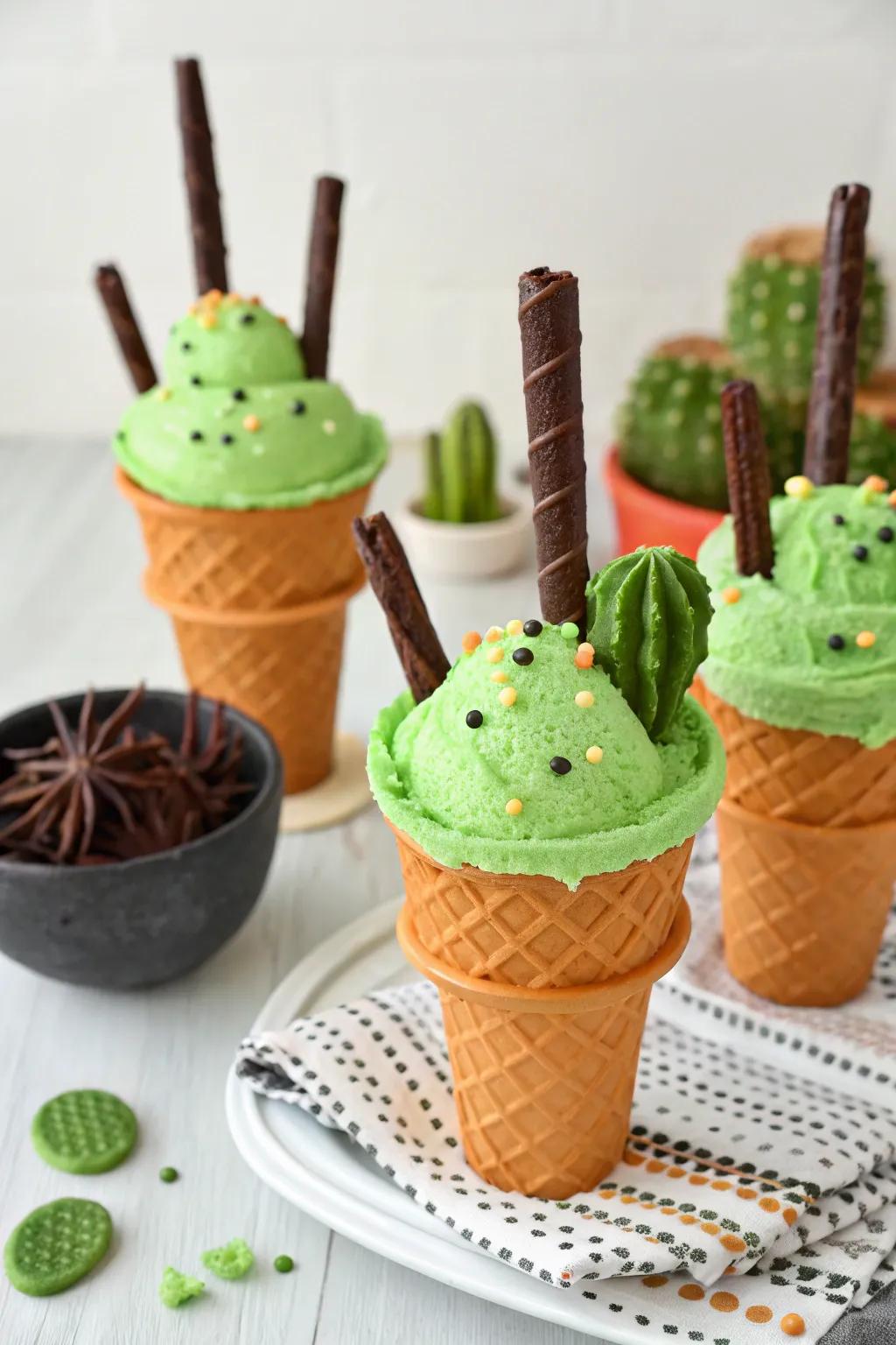 Prickly pear-shaped frozen dessert holders featuring verdant frozen dessert and chocolate struts.