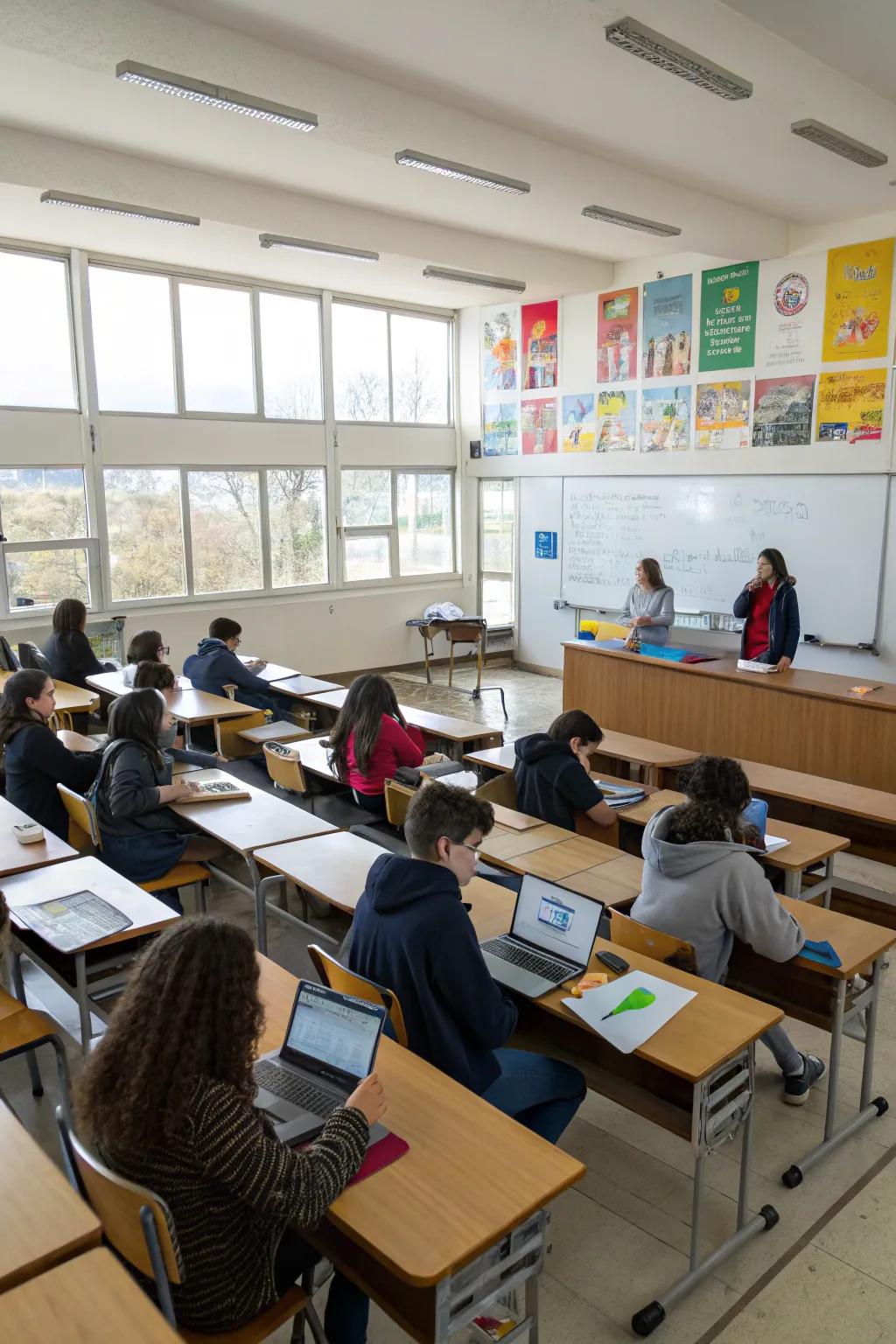 Stadium seating helps students focus during presentations.