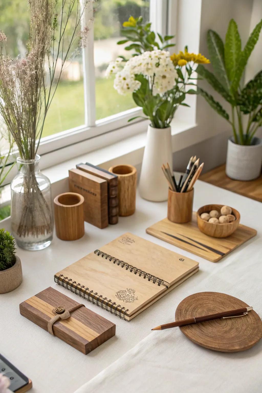 Natural elements, like wood, infuse warmth into the workspace.