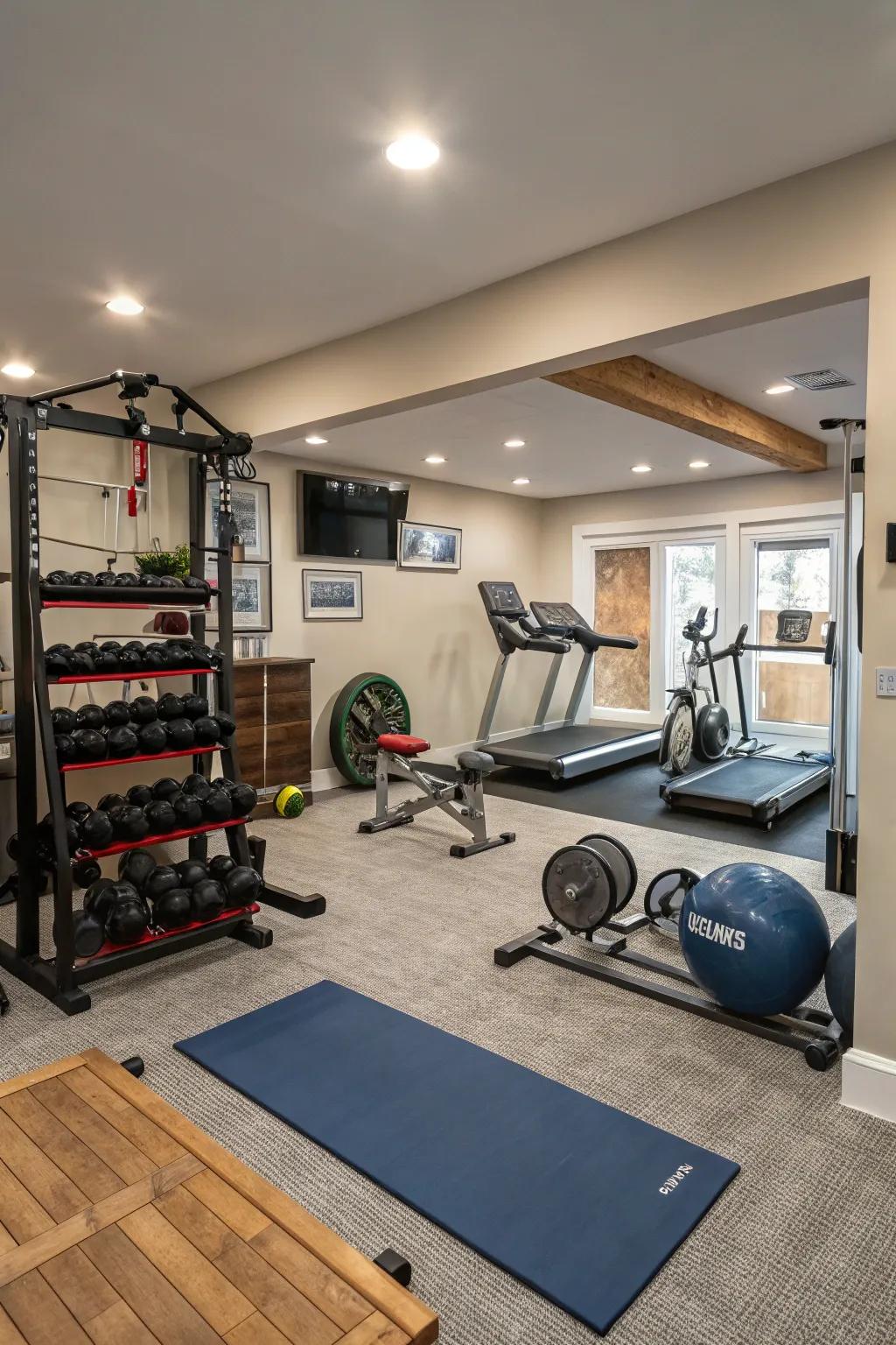 A versatile home gym highlighted by zones for various routines.