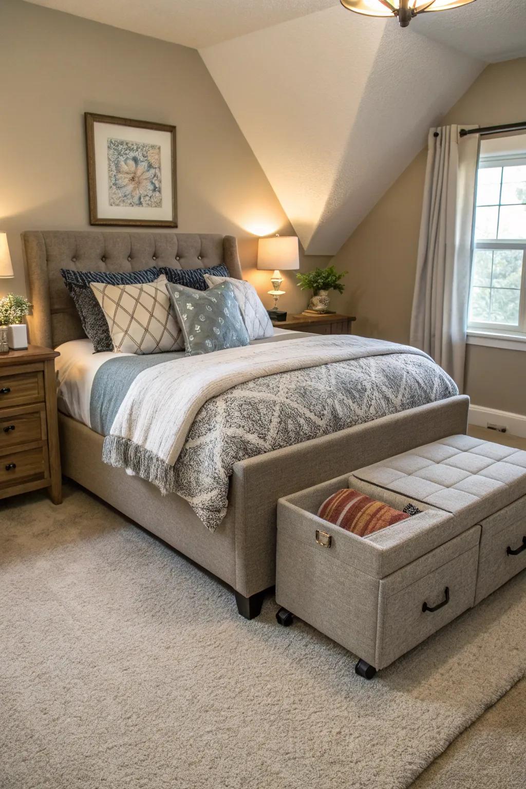 Multi-functional furniture harmonizes with a diagonal bed layout.