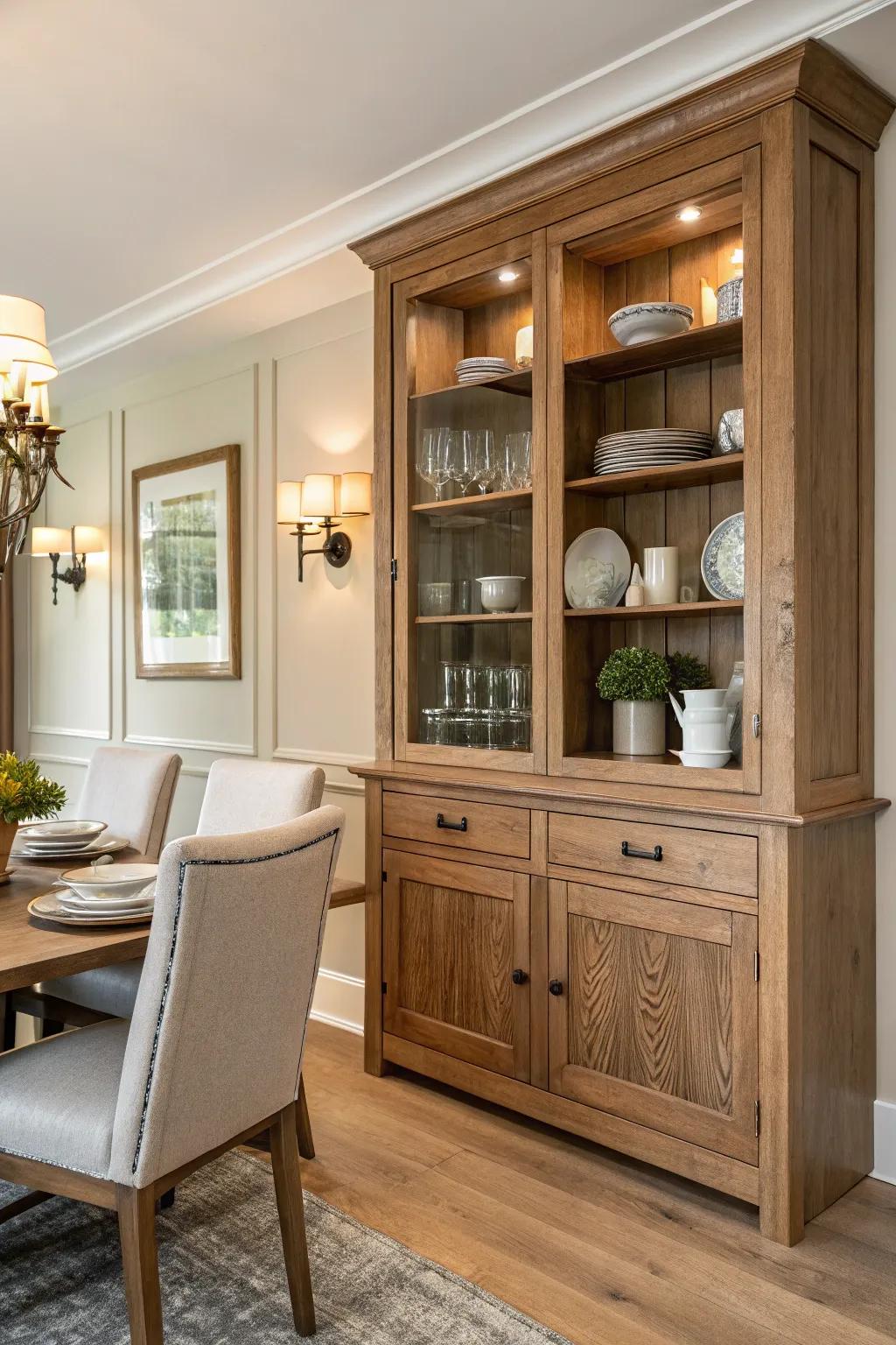 A corner cabinet combines practical storage with elegant design.
