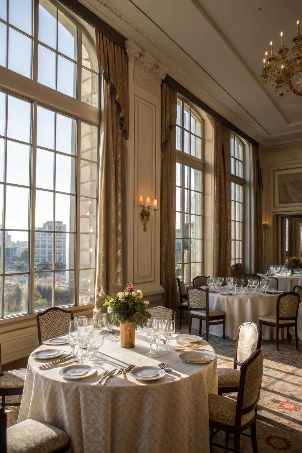 Large windows bring in sunlight, enhancing the dining room's atmosphere.