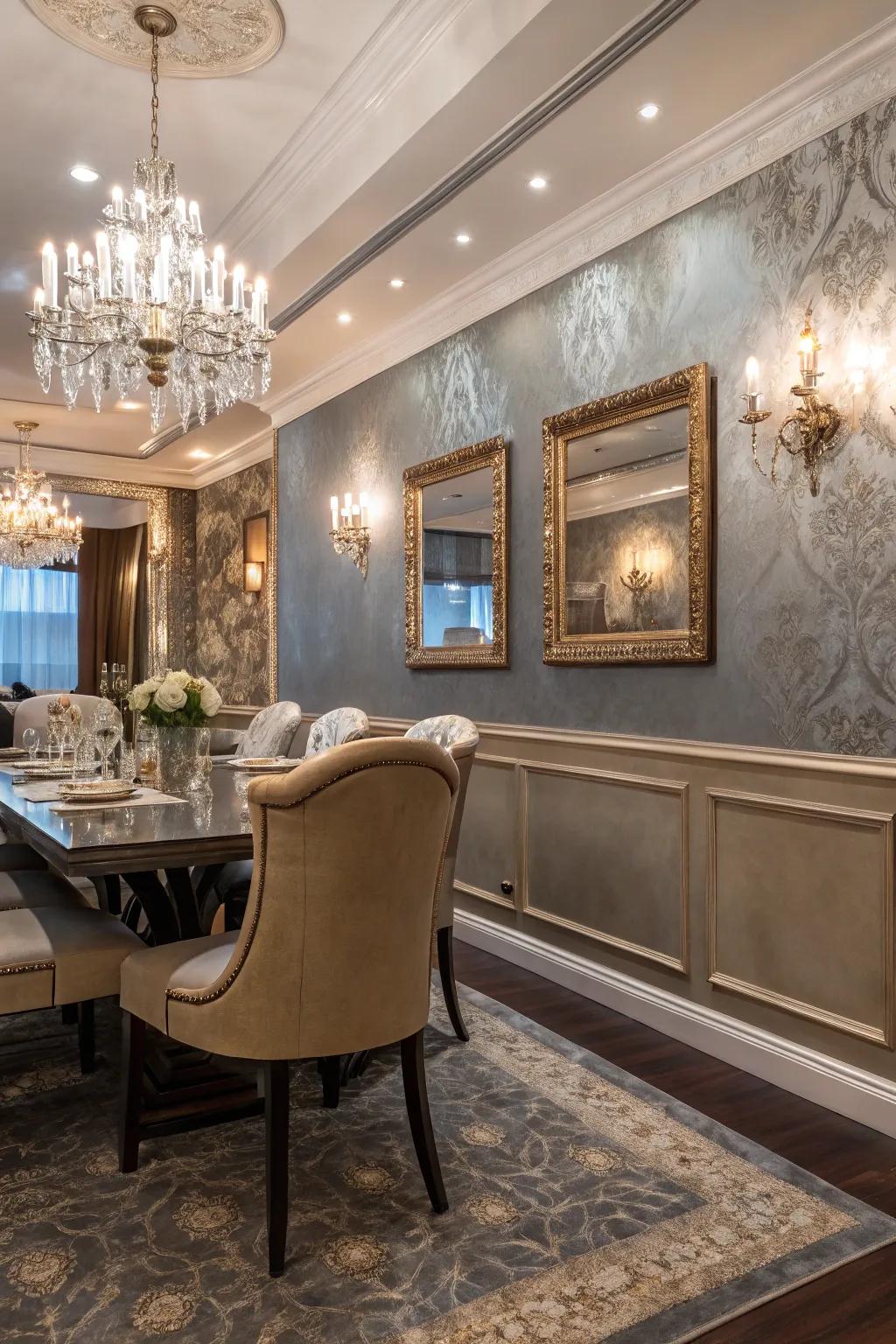 Shimmering paint beneath the chair rail offers a lavish sparkle.