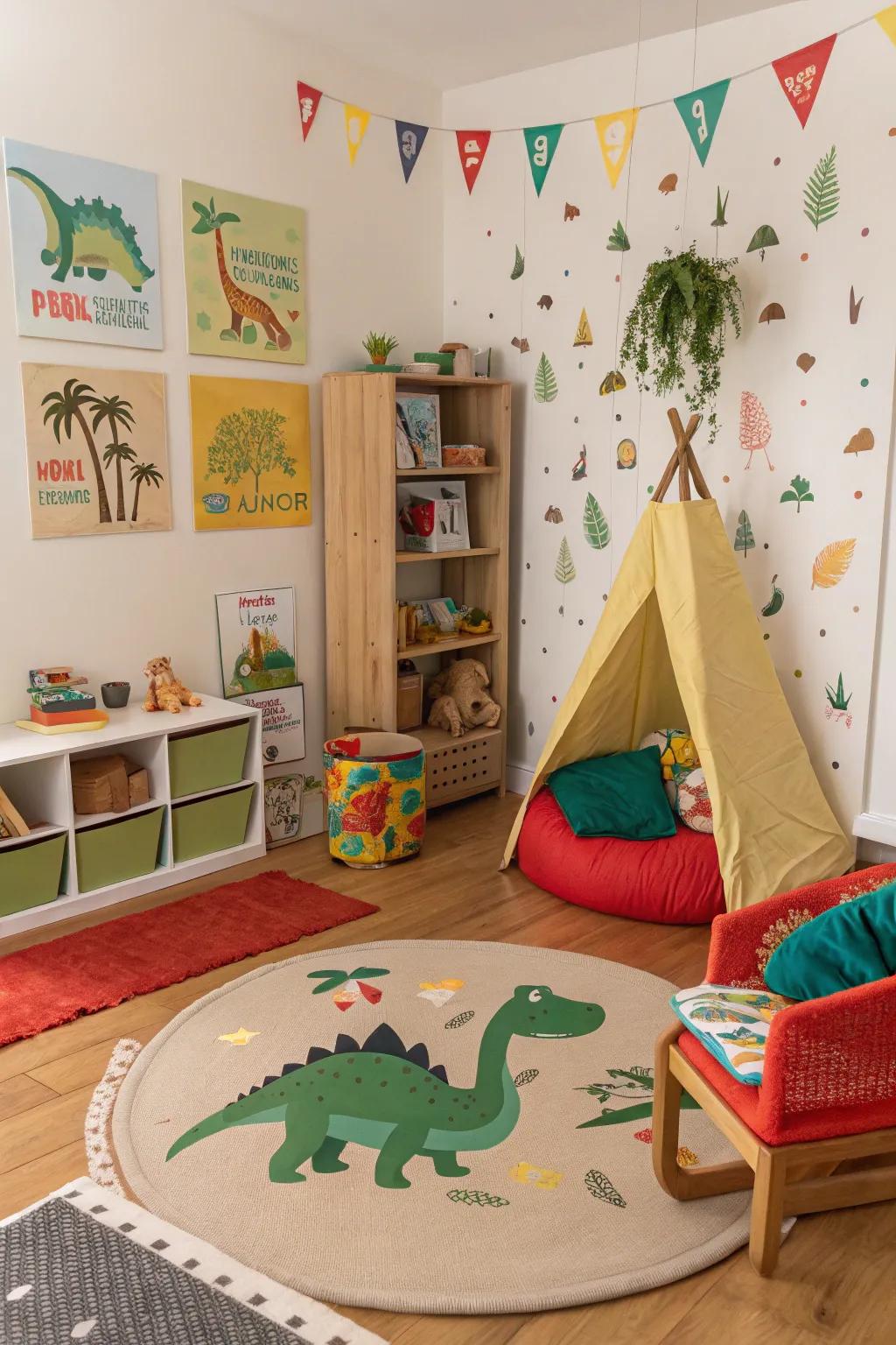 A creative furniture layout that fosters imaginative play in a dinosaur-themed room.