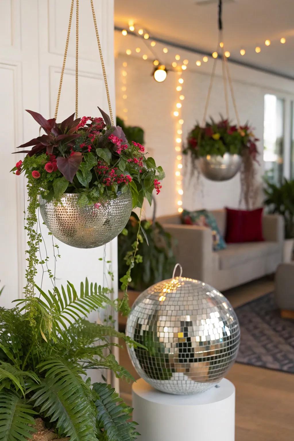 Disco ball planters add a touch of greenery and sparkle to the decor.
