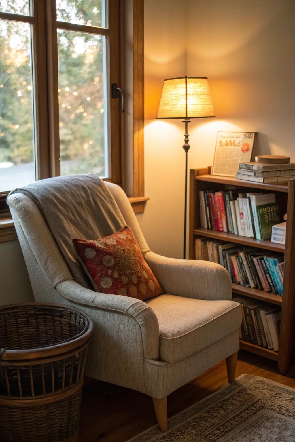 An inviting reading spot tailored for relaxation and escape.