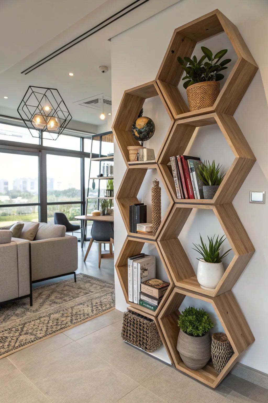 Geometric shelves create a unique focal point.