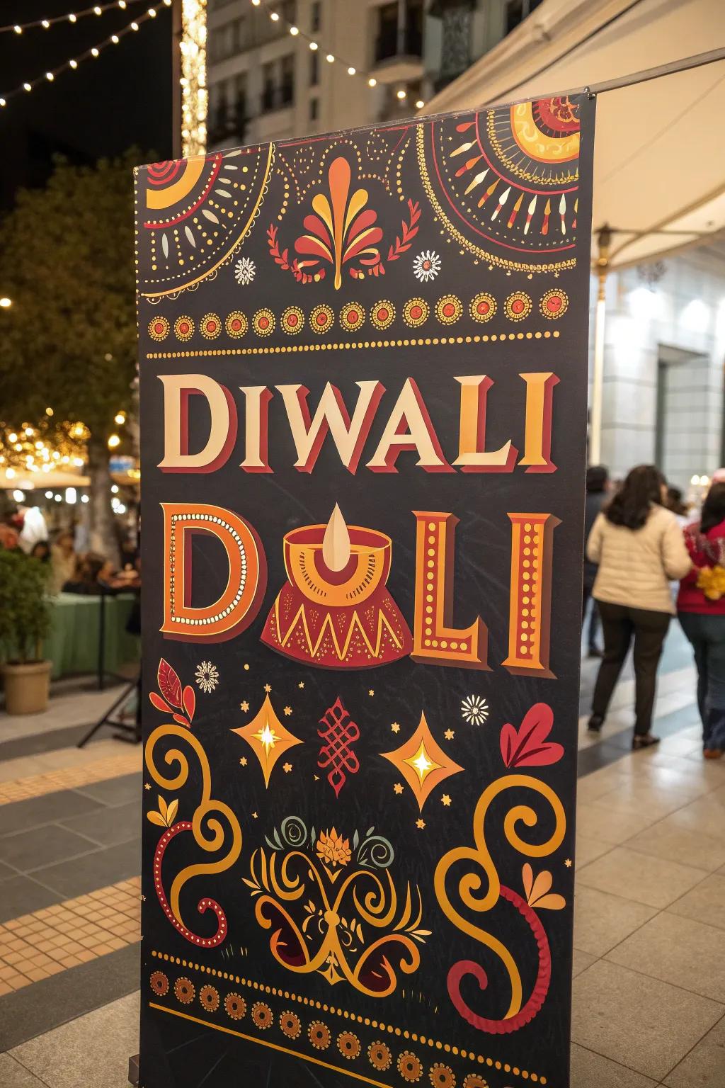 A Diwali poster featuring bold celebratory lettering.