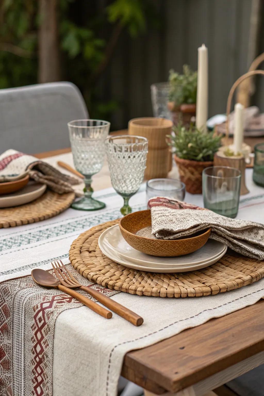 Layered fabrics using textiles, glass, and wood crafting a lavish and inviting table setting.