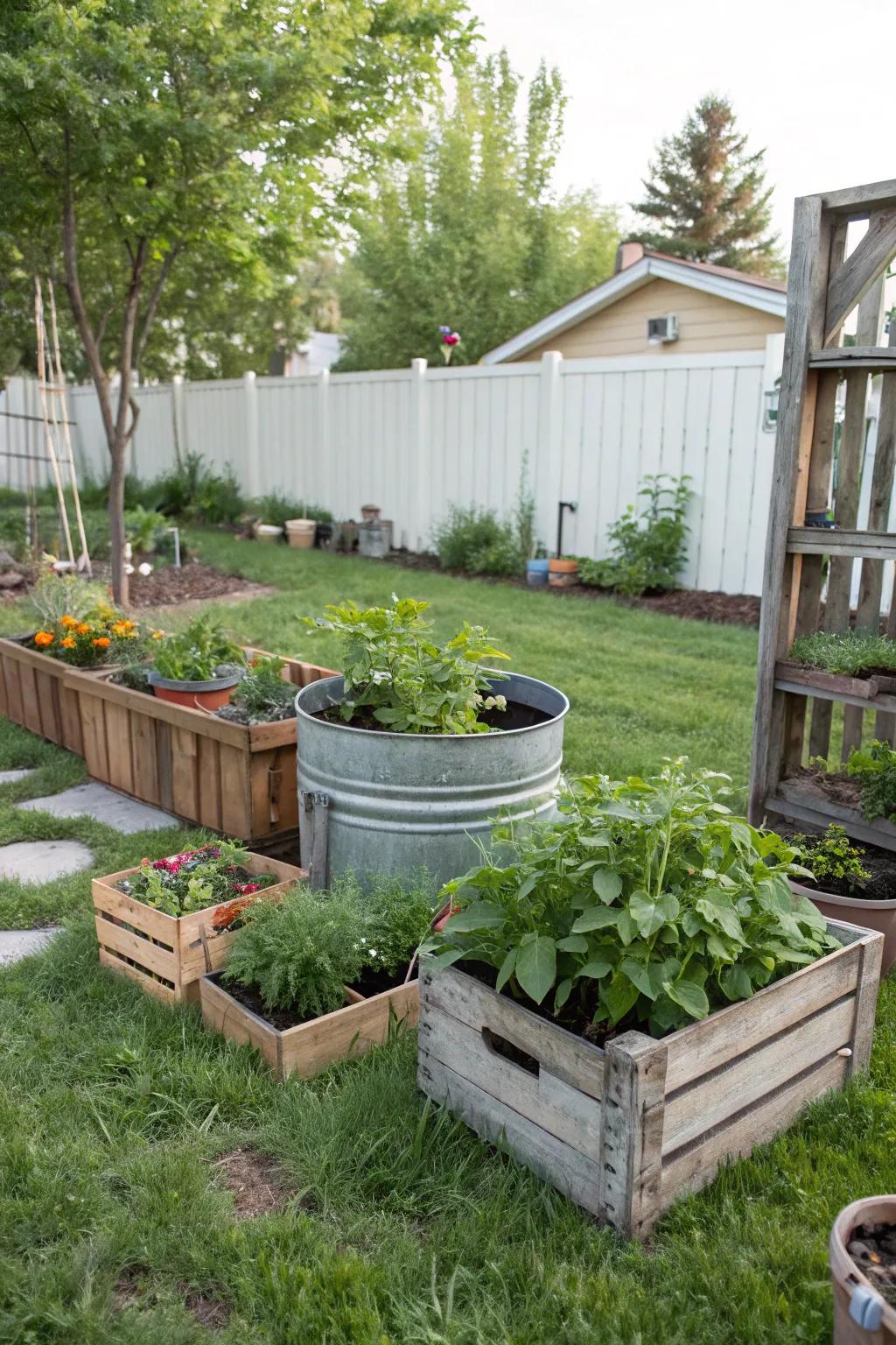 Recycled planters for a pet-safe and green backyard.