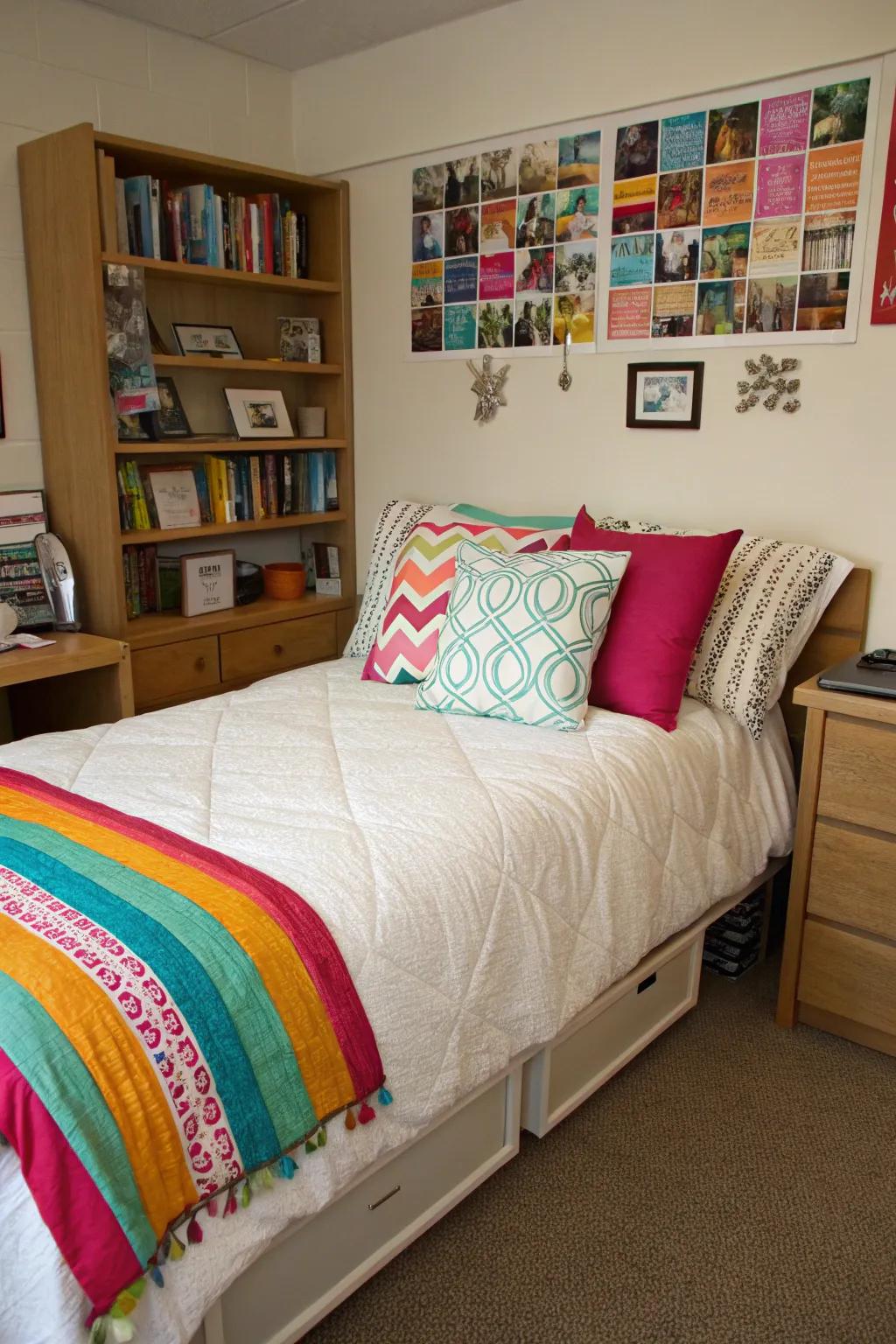 Comfort cushions add color and comfort to your dorm room.