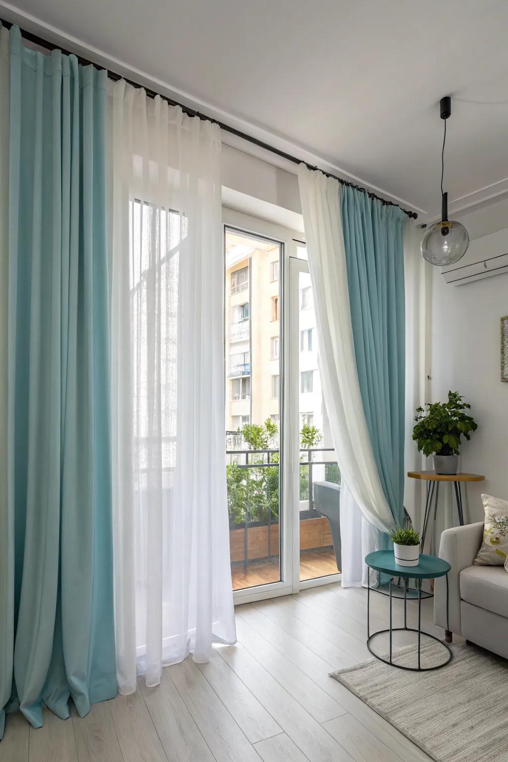 A double rod setup offers flexibility and style in this elegant apartment.